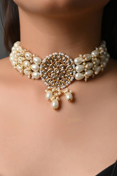 Pearl Beads Stone Kundan Choker With Earrings