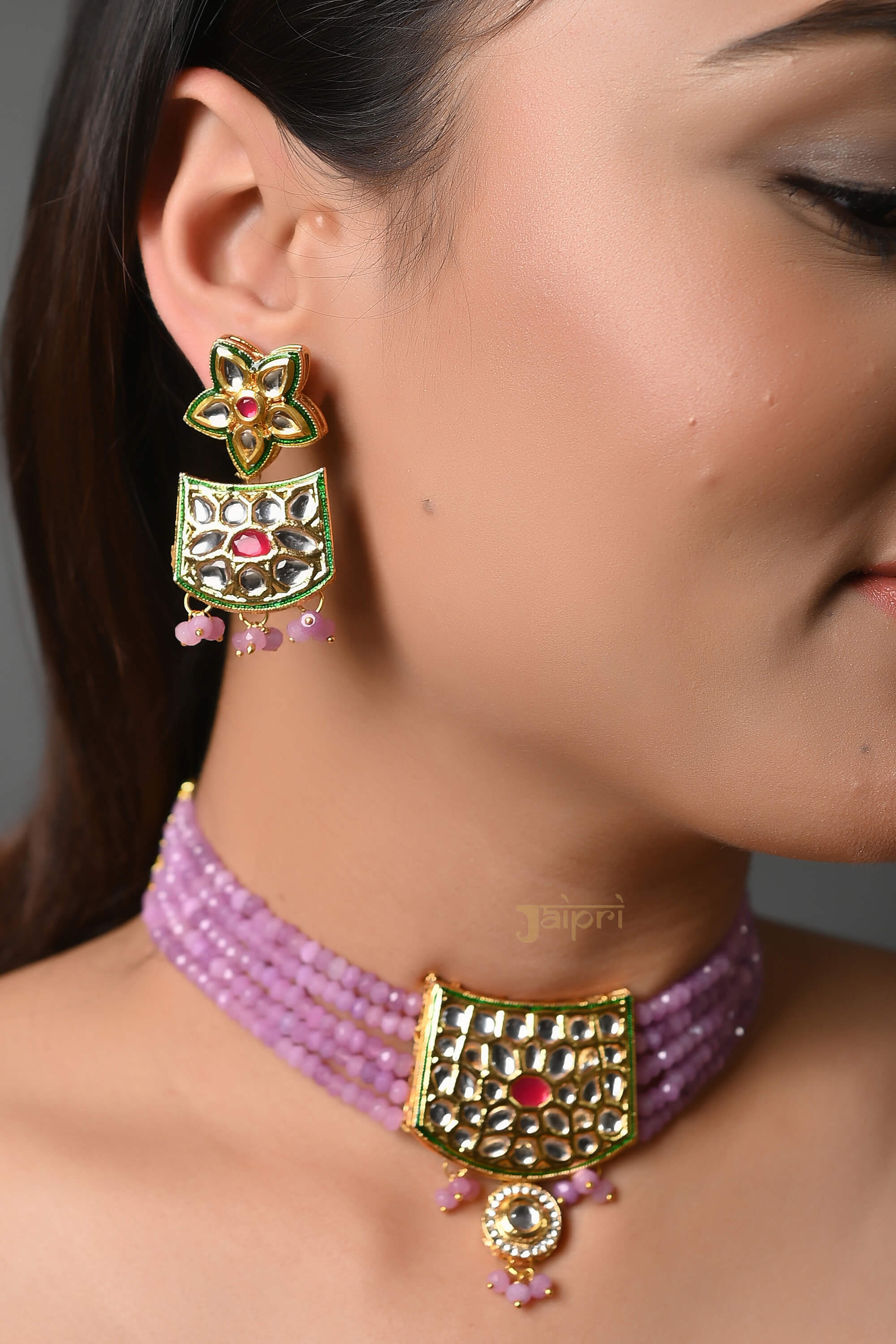 Adorable Purple Beads Stone Kundan-Jadau Choker With Earrings