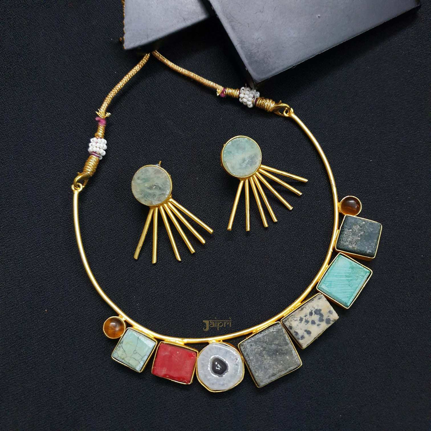 Natural Multicolor Stone Gold Necklace With Earrings