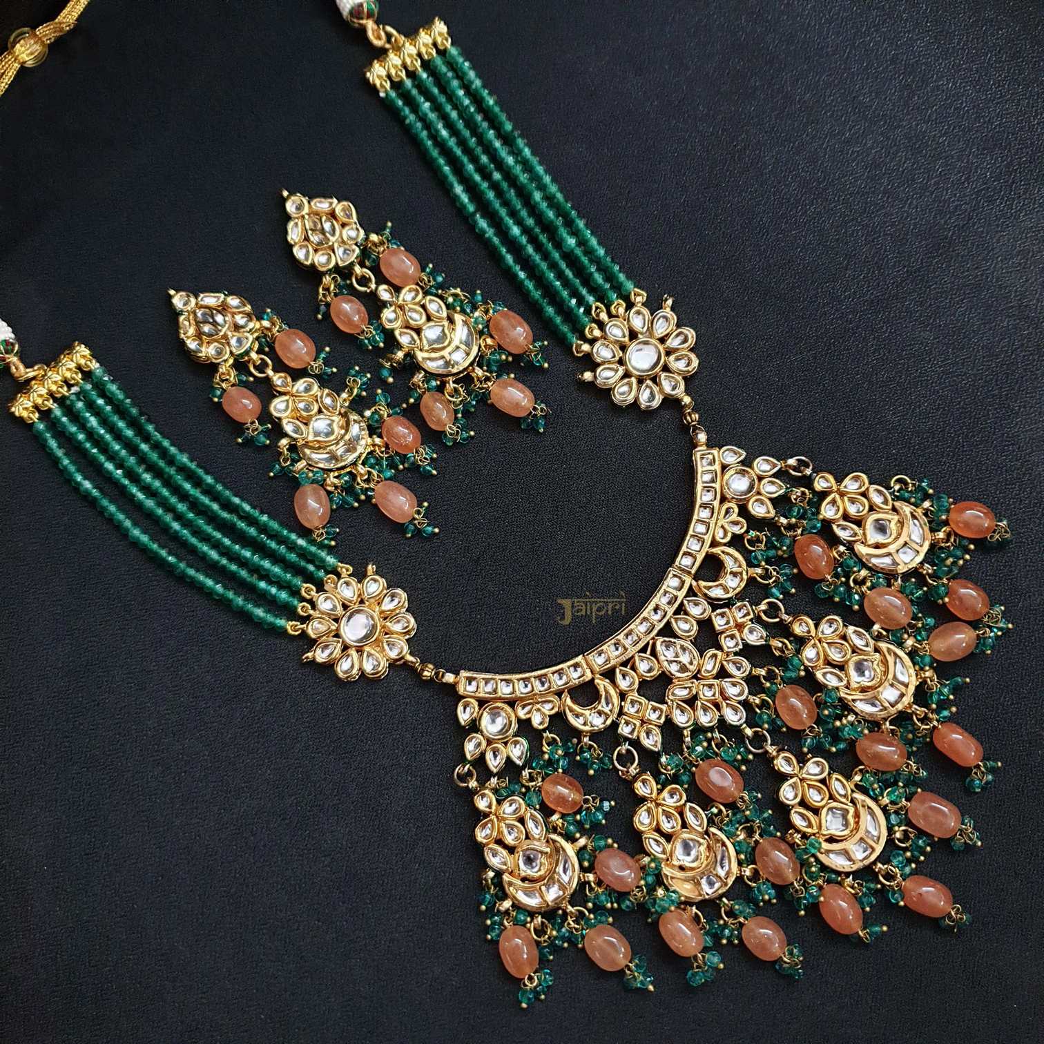 Designer Green Beads Statement Gold Pendant With Earrings