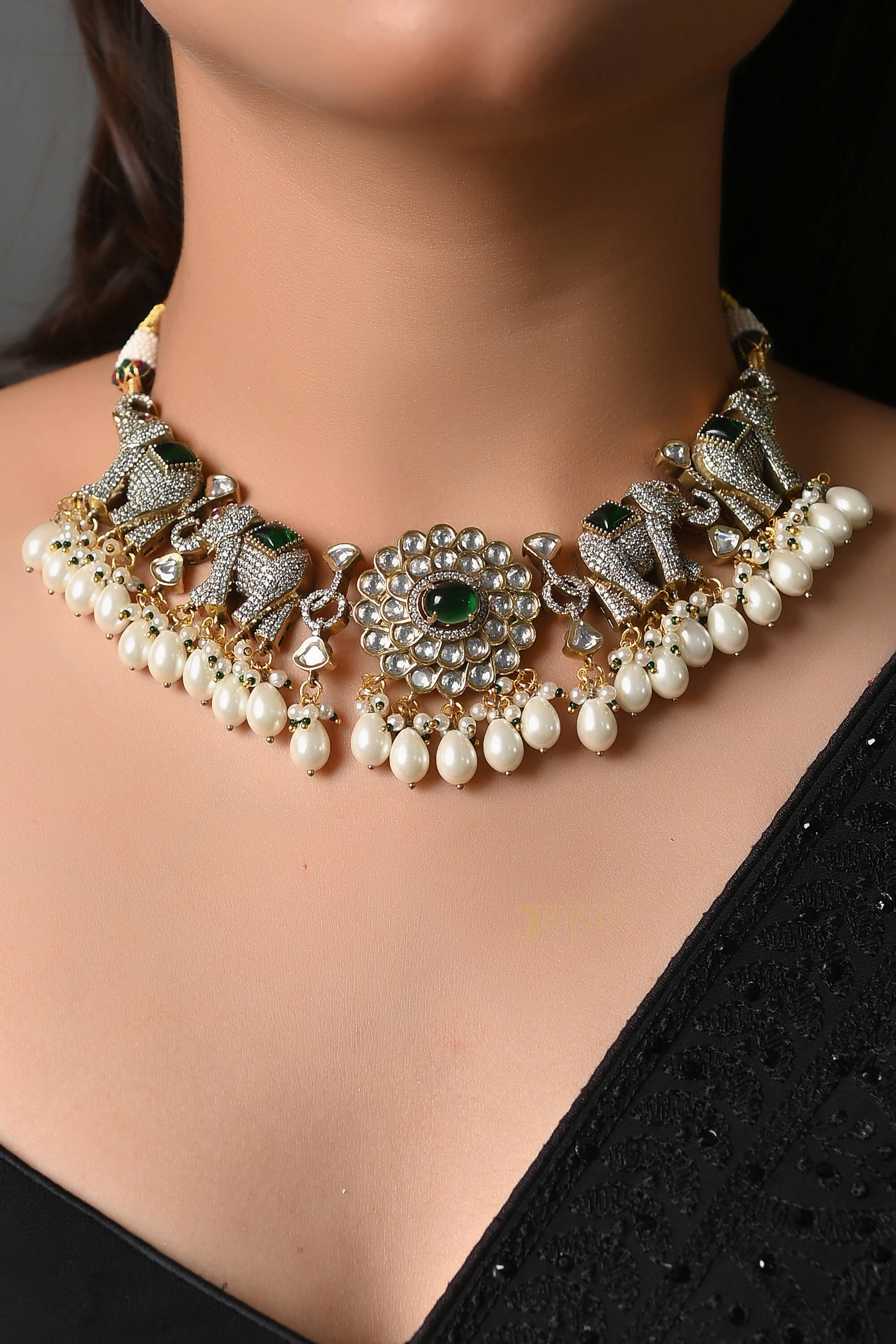 Pearl Green Stone Elephant Design Necklace With Earrings