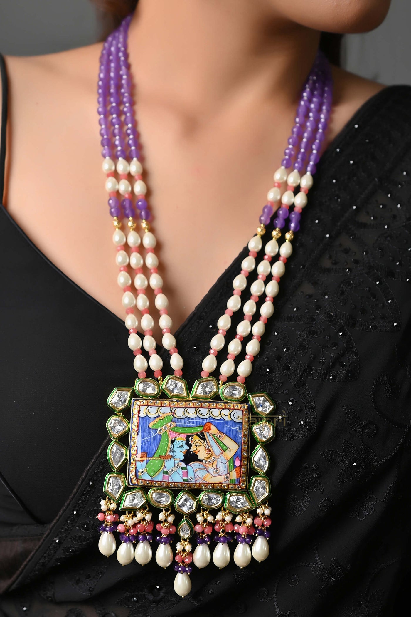 Radha-Krishna Painting & Pearl Stone Kundan Necklace With Earrings