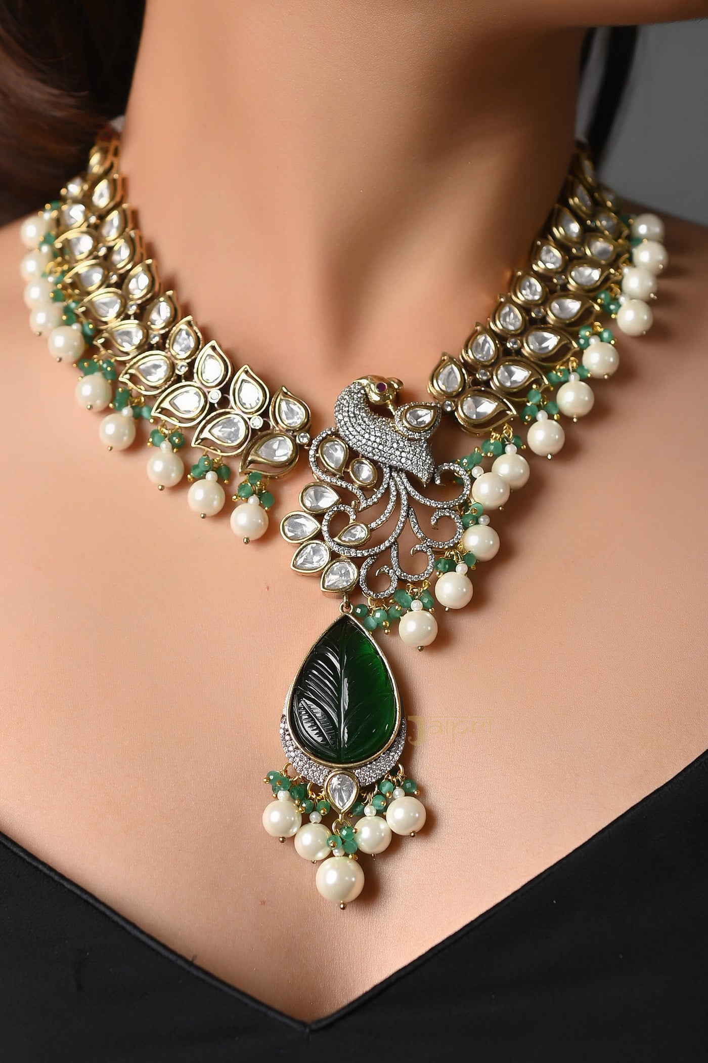 Floral & Peacock Design In Green Stone Embellished Kundan Necklace With Earrings