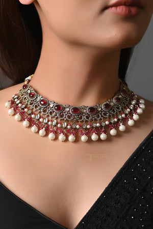 Pearl & Pink Beads Stone Kundan Necklace With Earrings