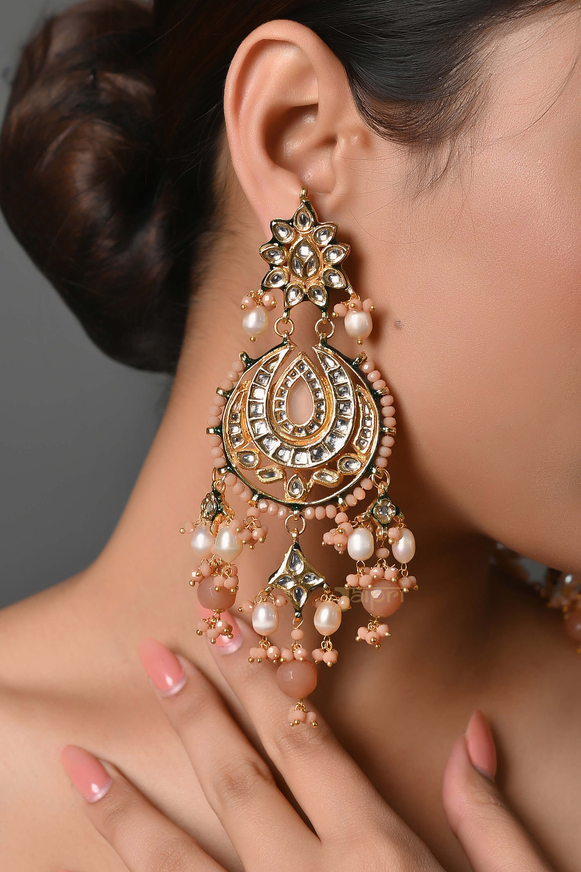 Pink Green Gold Tone Kundan Inspired Maang Tikka With Earrings