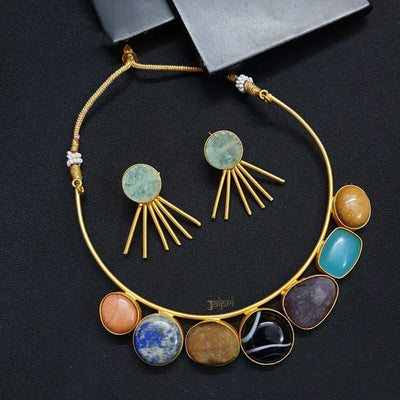 Multicolor natural Stone Gold Choker Necklace With Earrings