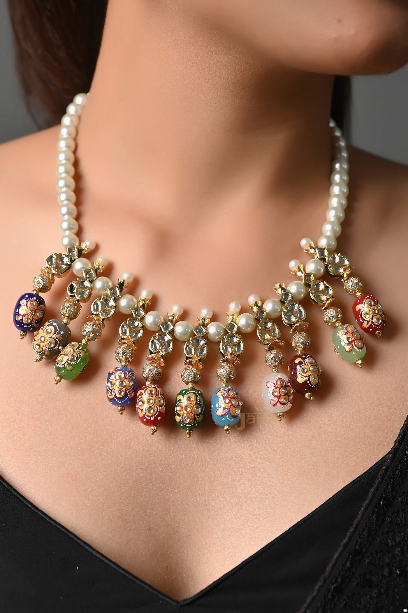 Adorable Kundan & Multicolor Beads Stone Necklace With Earrings