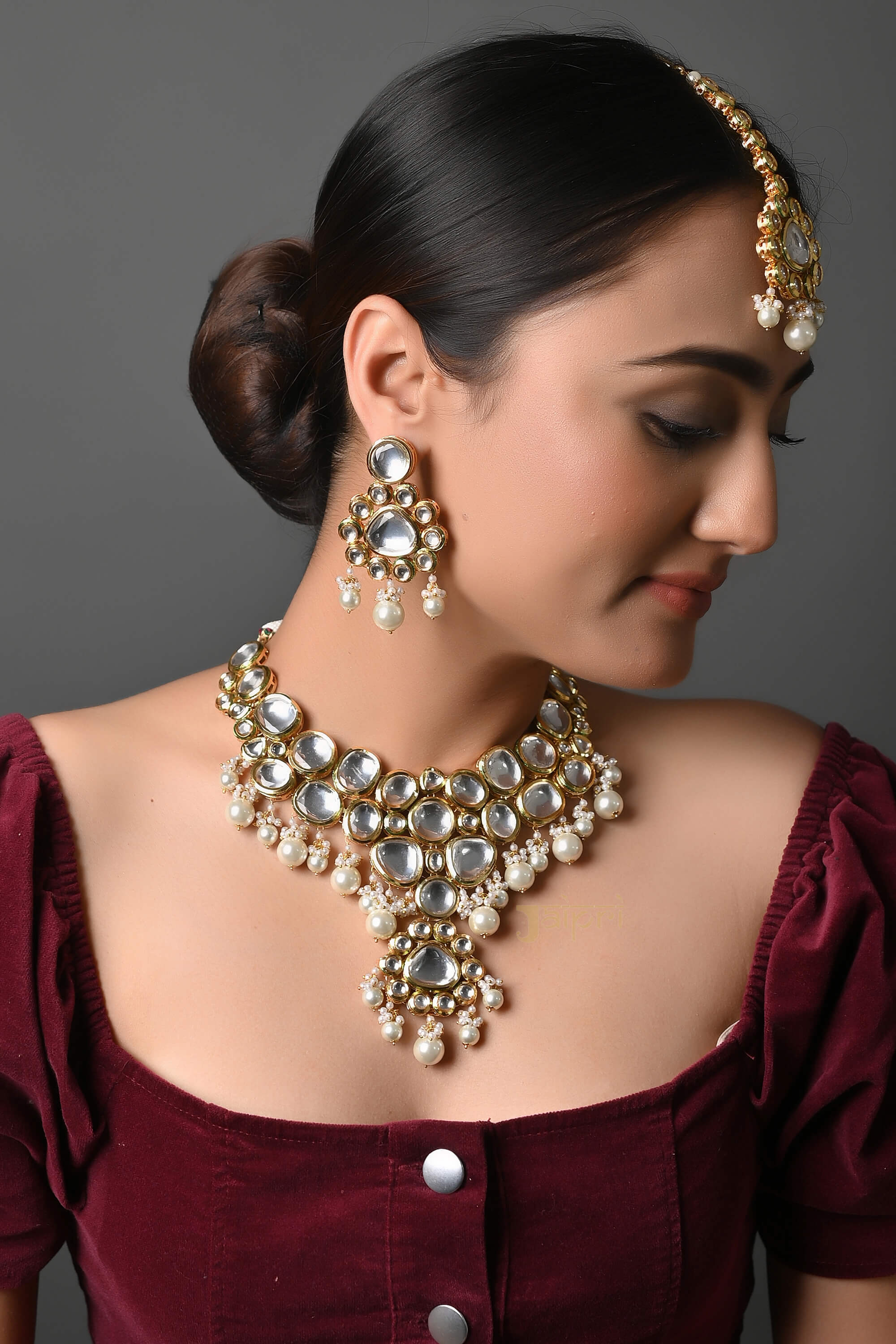 Adorable Kundan & Pearl Beads Stone Necklace With Maang-Tikka & Earrings