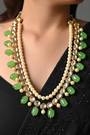 Designer Kundan & Green With Pearl Beads Stone Necklace With Earrings