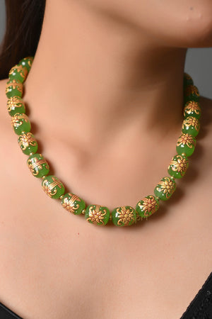 Green Beads Stone Meenakari Necklace With Earrings