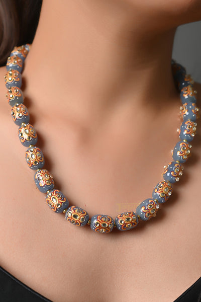 Adorable Kundan & Blue Beads Stone Necklace With Earrings