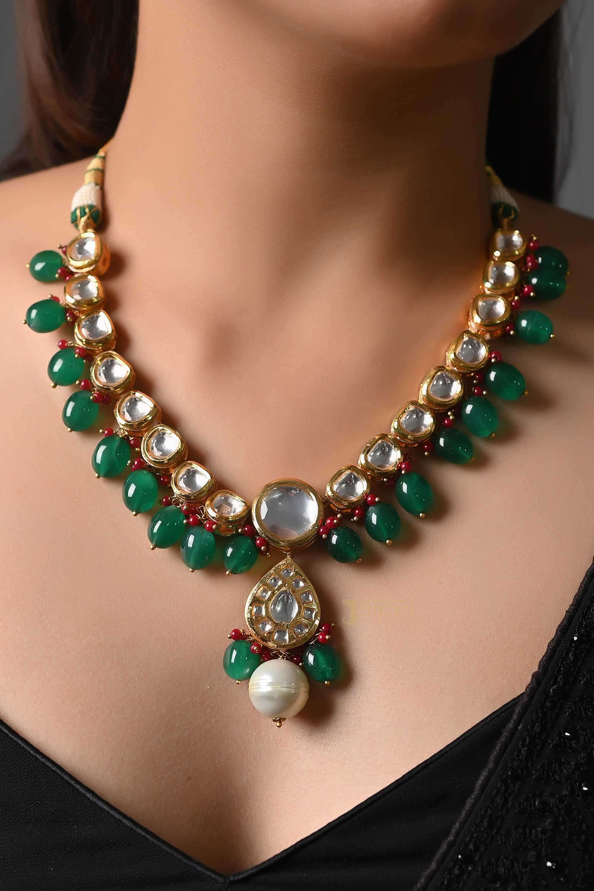 Kundan Necklace With Emerald Color Stone Beading