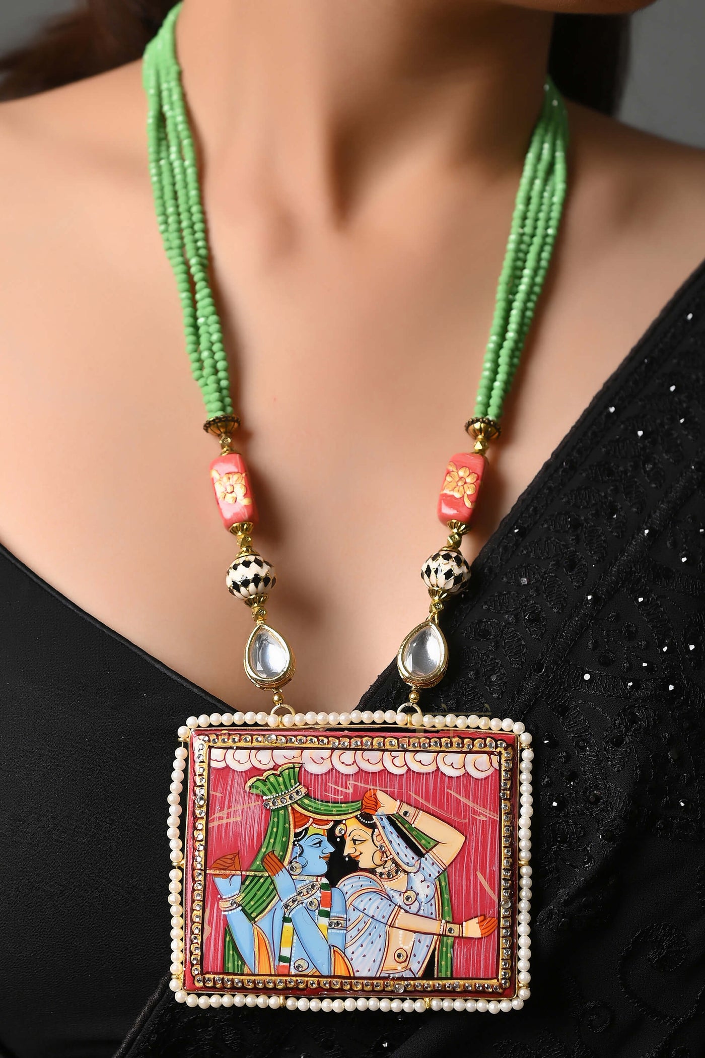 Radha Krishna Long Pendant Set With Jhumki Earrings