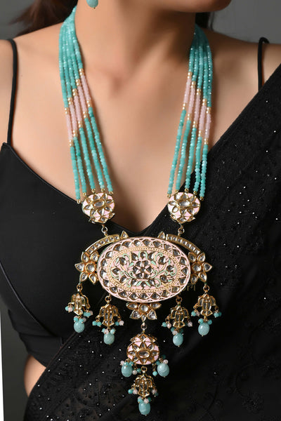 Kundan Meenakari Stone Beaded Long Pendant Set