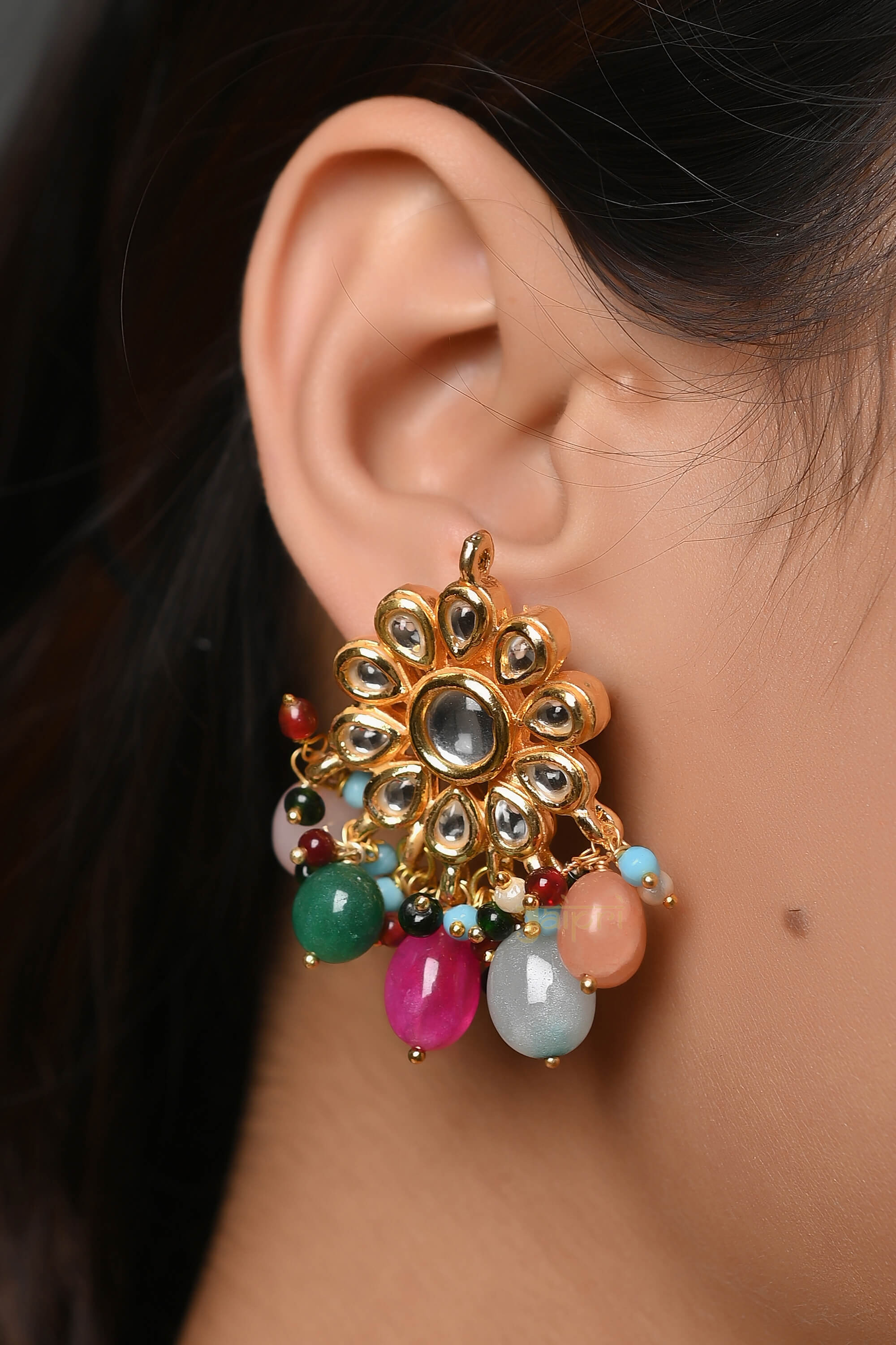 Multi Color Kundan Pendant Set With Earrings