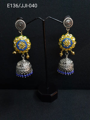 Oxidised Silver Blue Meenakari Jhumki Earrings