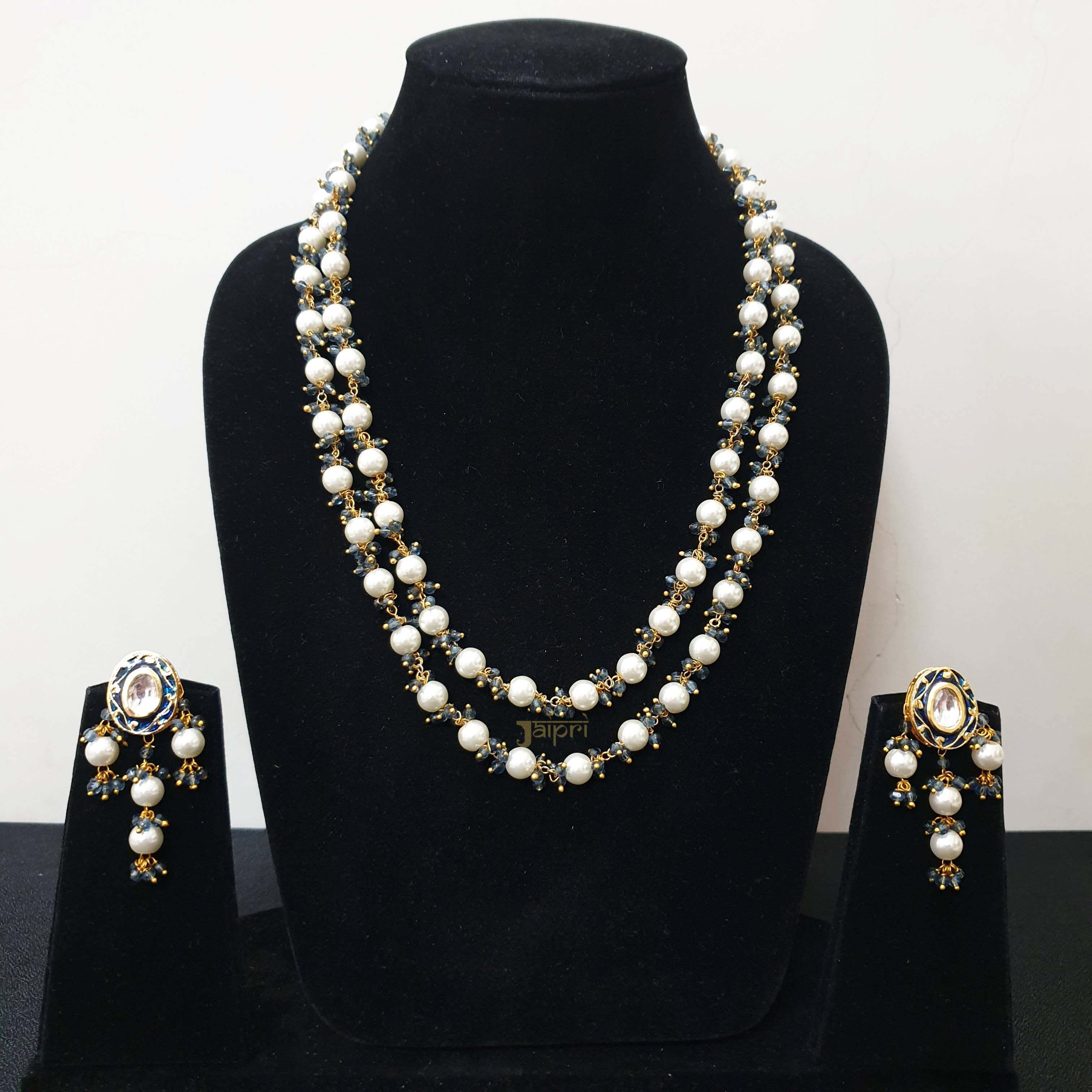 Premium Pearl And Dark Blue Beads Necklace With Earrings