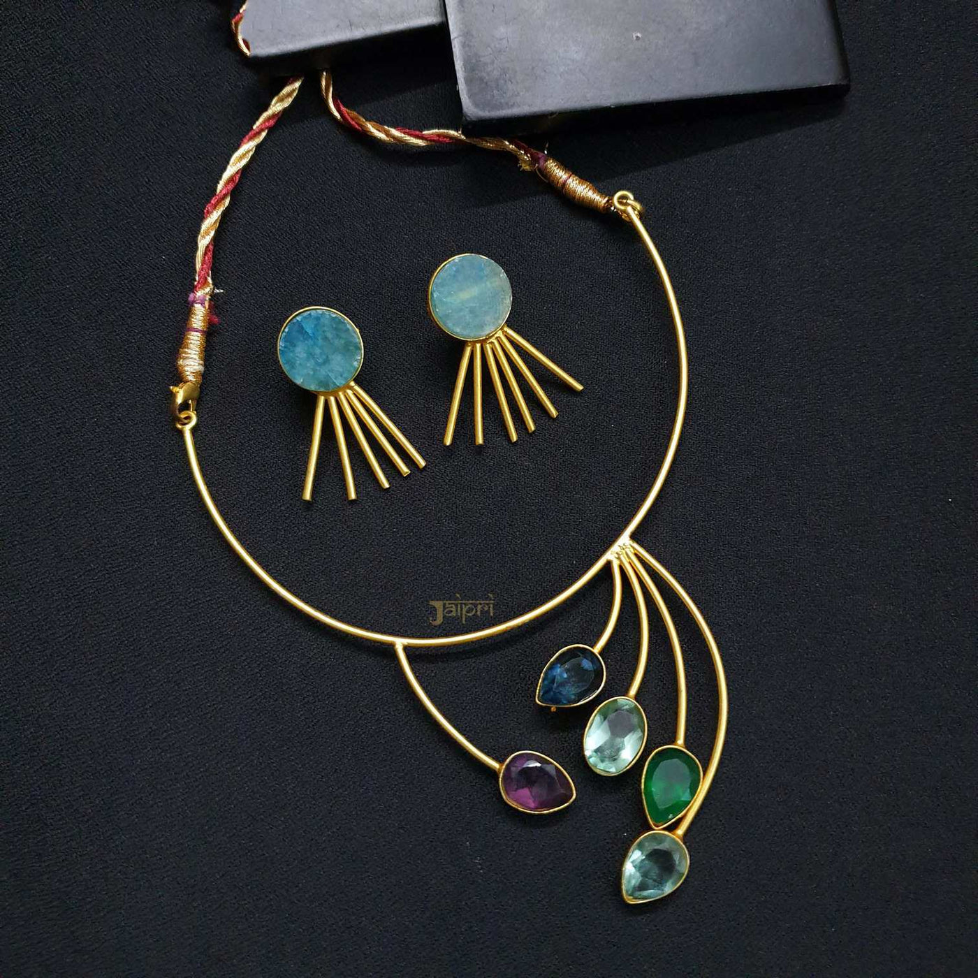 Adorable Multicolor Stone Gold Necklace With Earrings