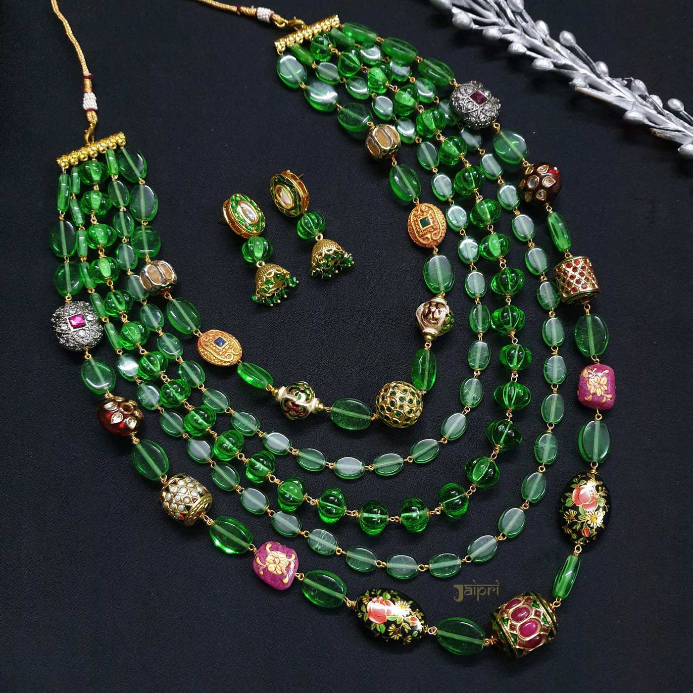 Multilayered Green Beads Stone Necklace With Earrings