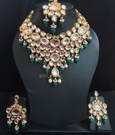 Kundan Pearl And Green Beads Bridal Necklace With Earrings And Maangtikka