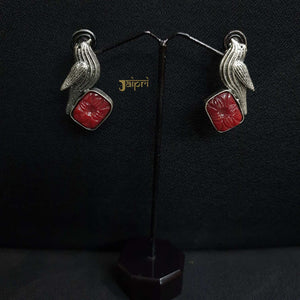 Red Floral Stone Bird Design Ear Studs