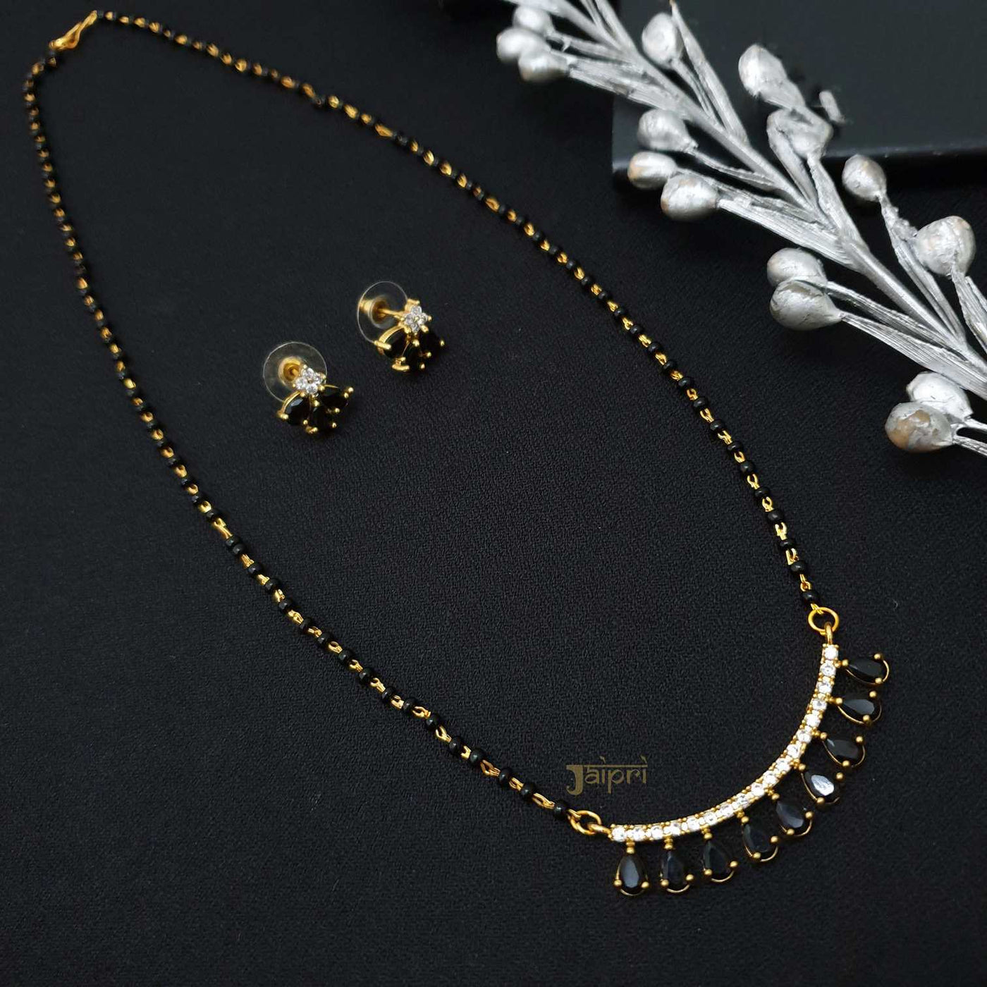 Black & AD Stone Tear-Drop Mangalsutra With Earrings