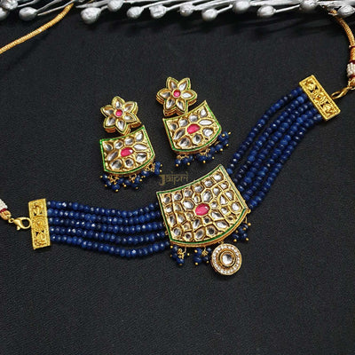 Floral Blue Beads Stone Kundan-Jadau Choker With Earrings