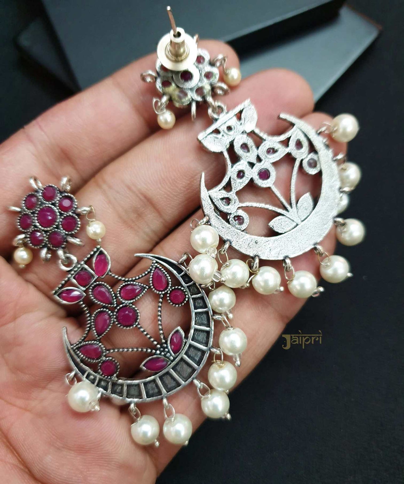 Ruby & Pearl Stone Chand-Bali Oxidized Earrings
