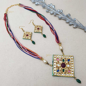 Multicolor Beads Stone Kundan Adorable Gold Pendant With Earrings