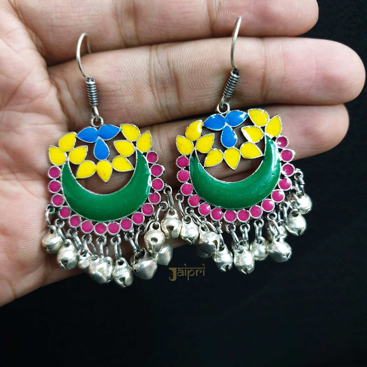 Multicolor Oxidized Floral Hoops Earrings