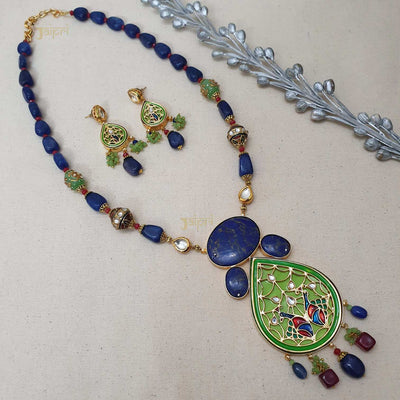 Blue Beads Stone & Meenakari Fusion Pendant With Earrings