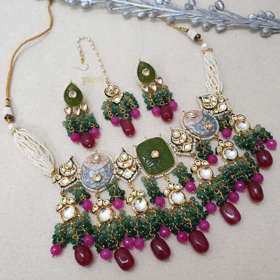 Pink & Green Stone Designer Necklace & Tear-Drop Earrings With Maang-Tikka