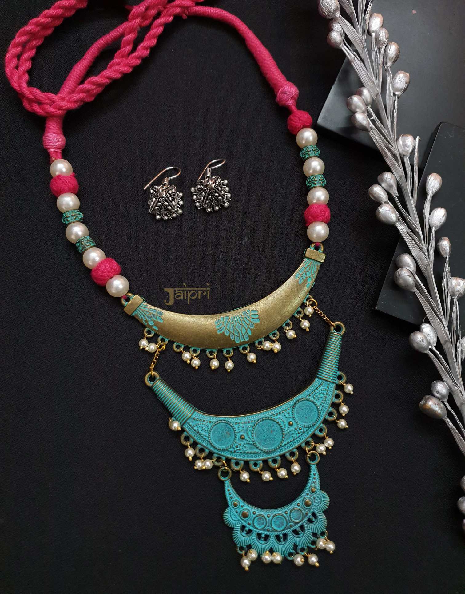 Oxidized Meenakari Work Necklace With Jhumki Earrings