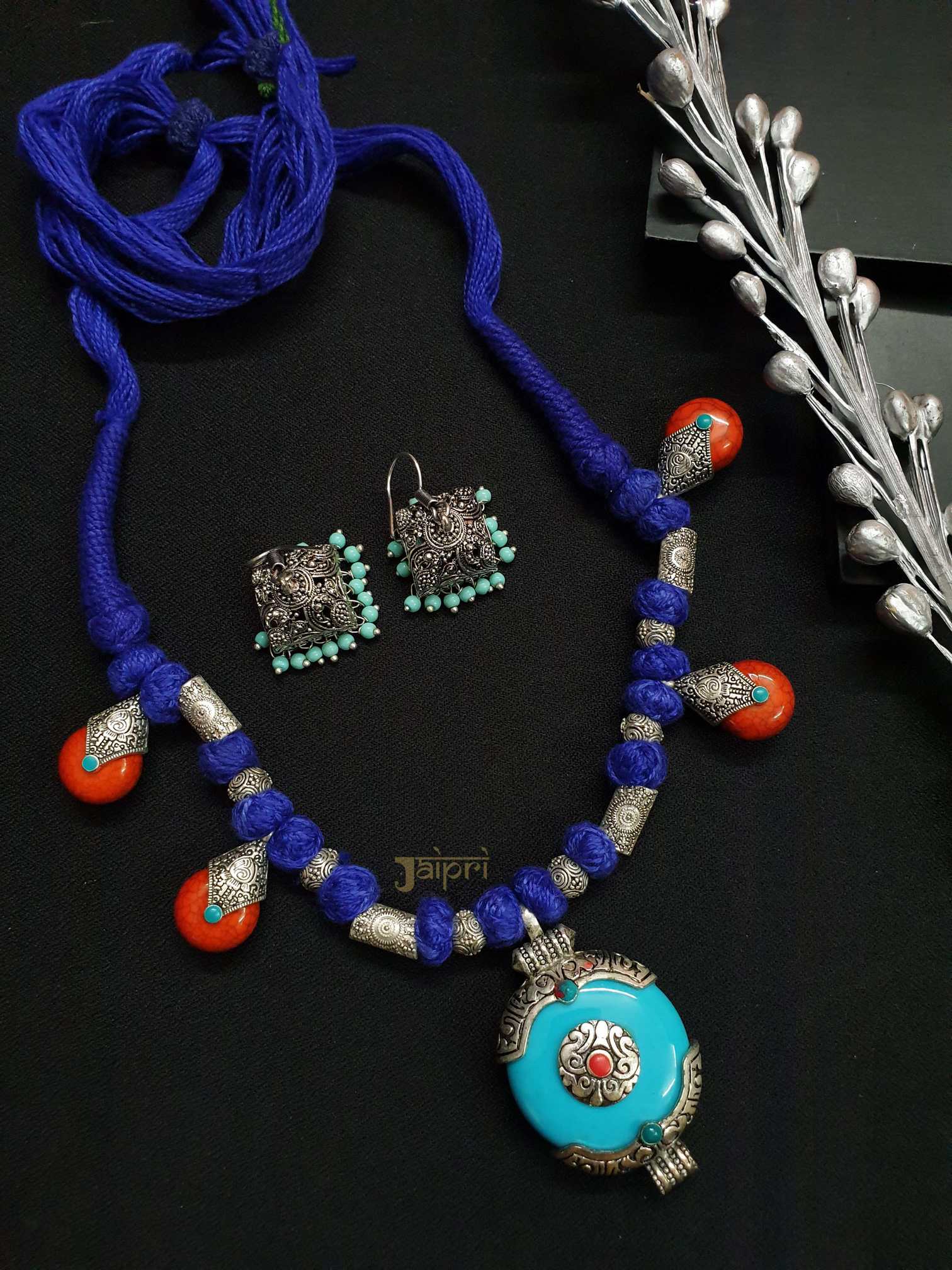 Turquoise Stone, Choker Necklace With Jhumki Earrings