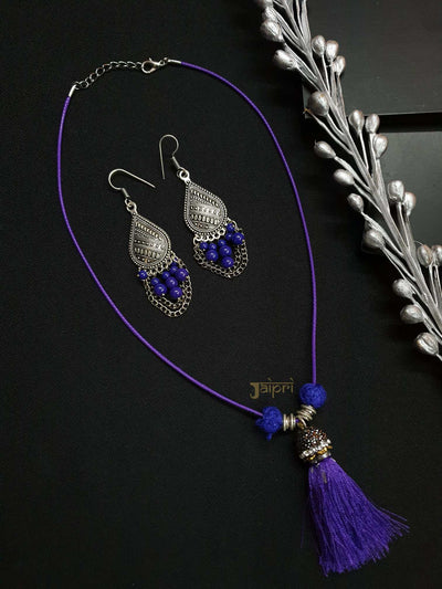 Blue Stone, Thread Necklace With Earrings