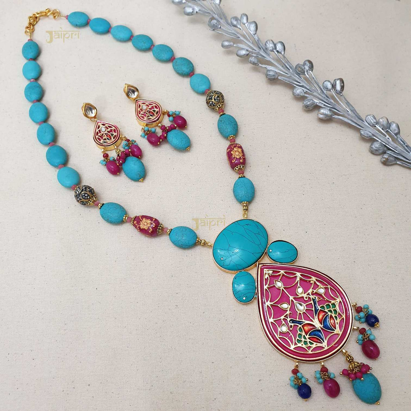 Turquoise Beads Stone & Meenakari Fusion Pendant With Earrings
