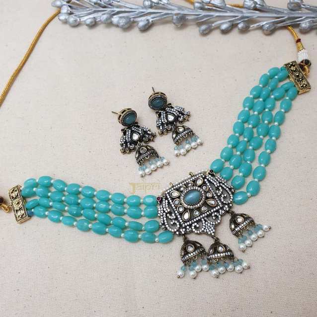 Turquoise Stone Beautiful Necklace With Jhumki Earrings