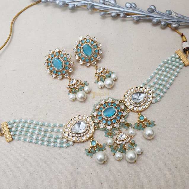 Floral Design Pearl & Aqua Stone Necklace With Earrings