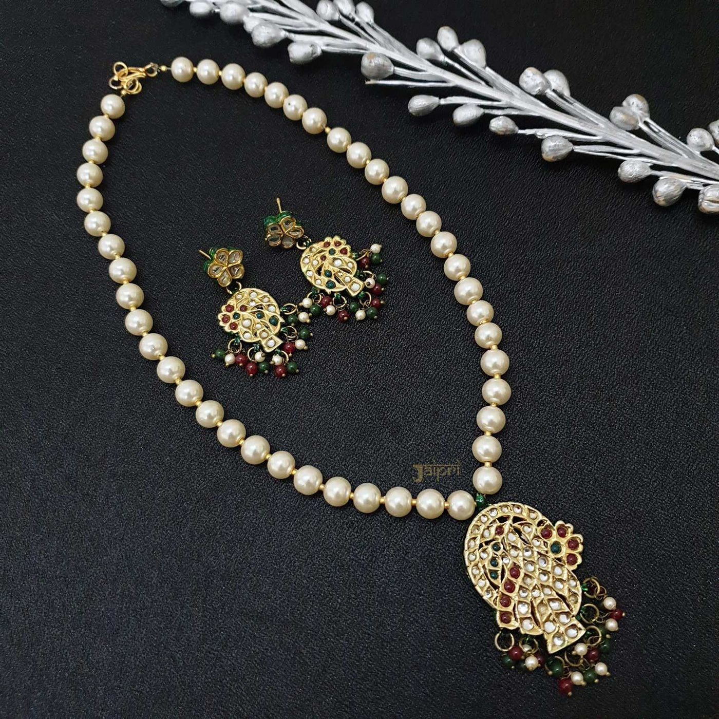 Pearl Beads Stone Kundan Pendant With Earrings