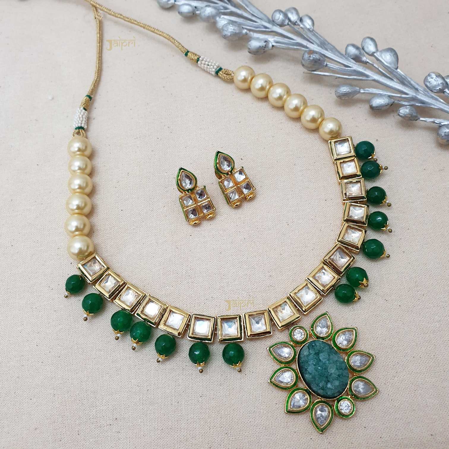 Floral Turquoise & Green Beads Stone Kundan Pendant With Earrings