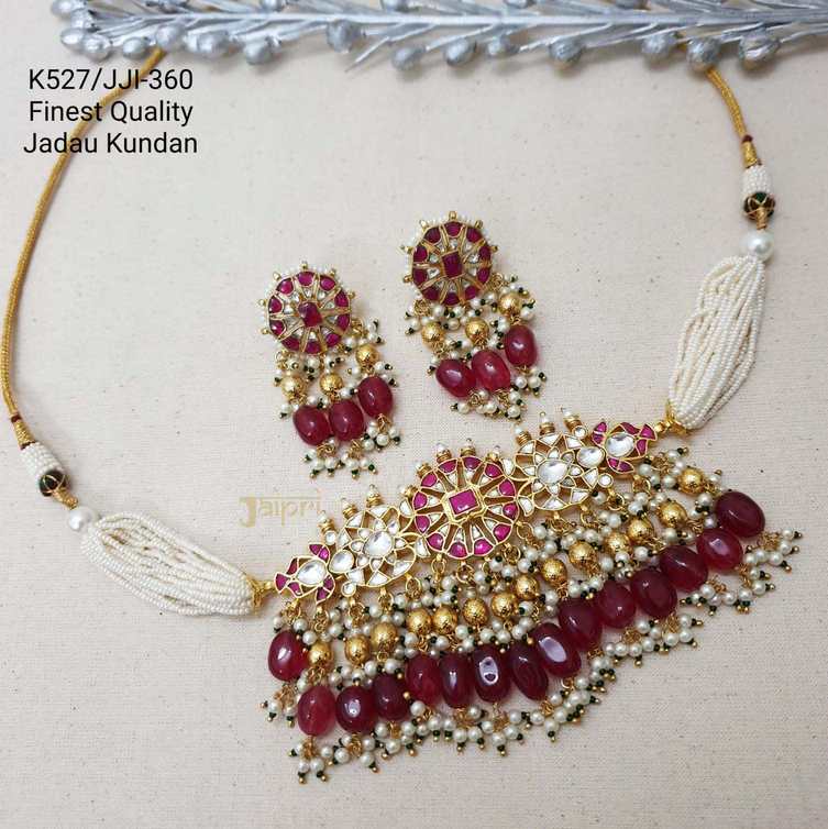 Ruby & Pearl Beads Stone Floral Kundan Choker Necklace With Earrings