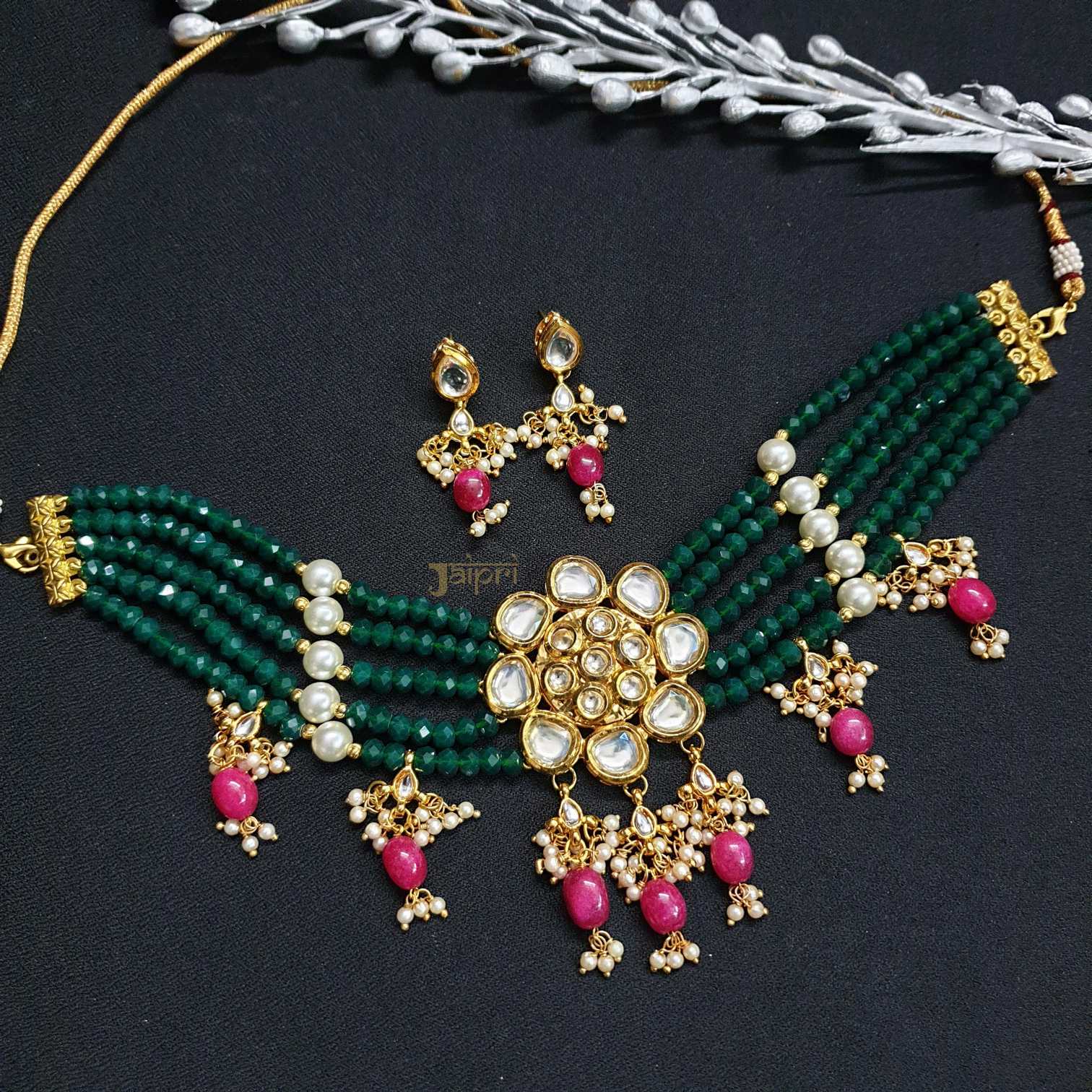 Floral Green Beads Stone Kundan-Jadau Designer Choker With Earrings