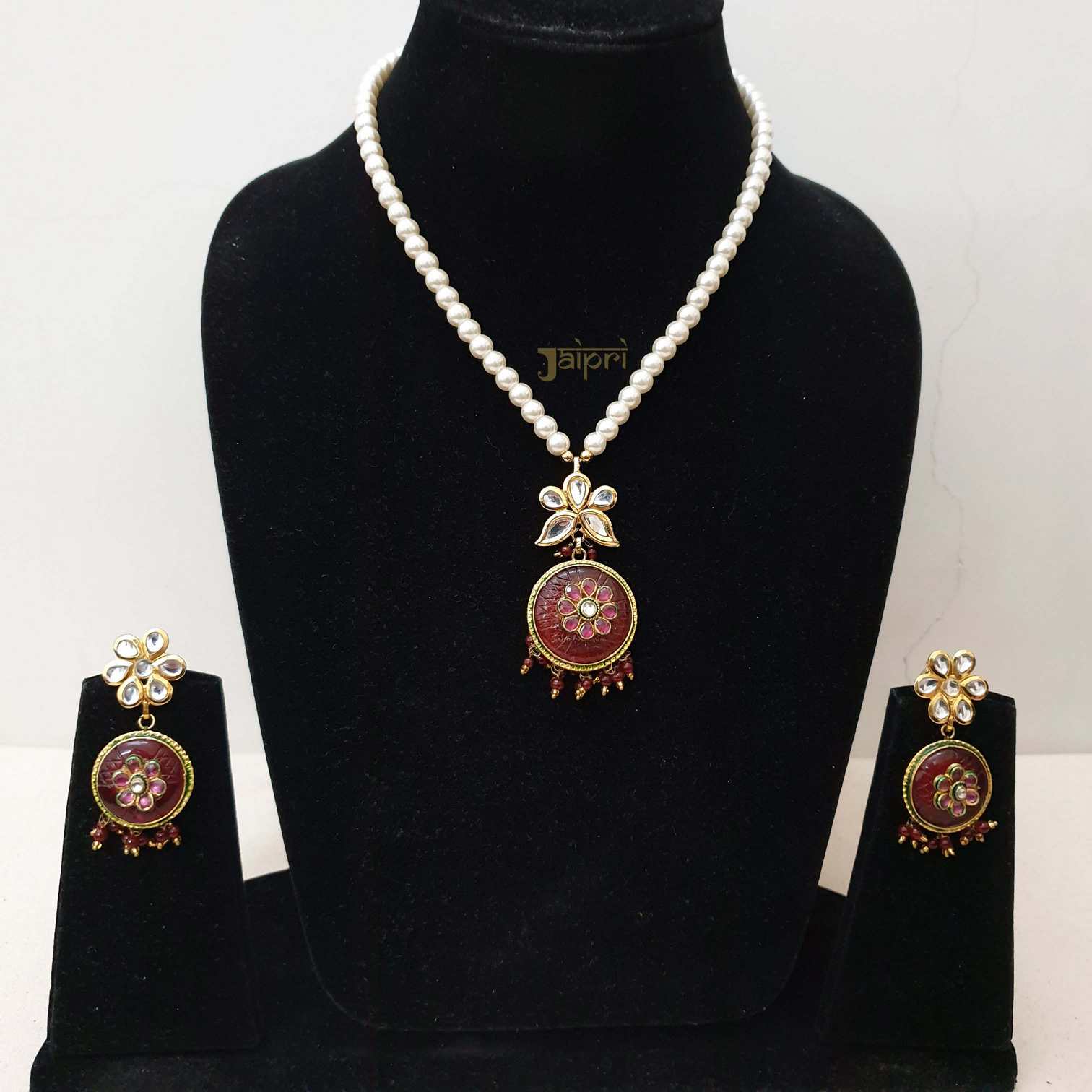 Pearl Beads Stone Kundan Pendant With Earrings