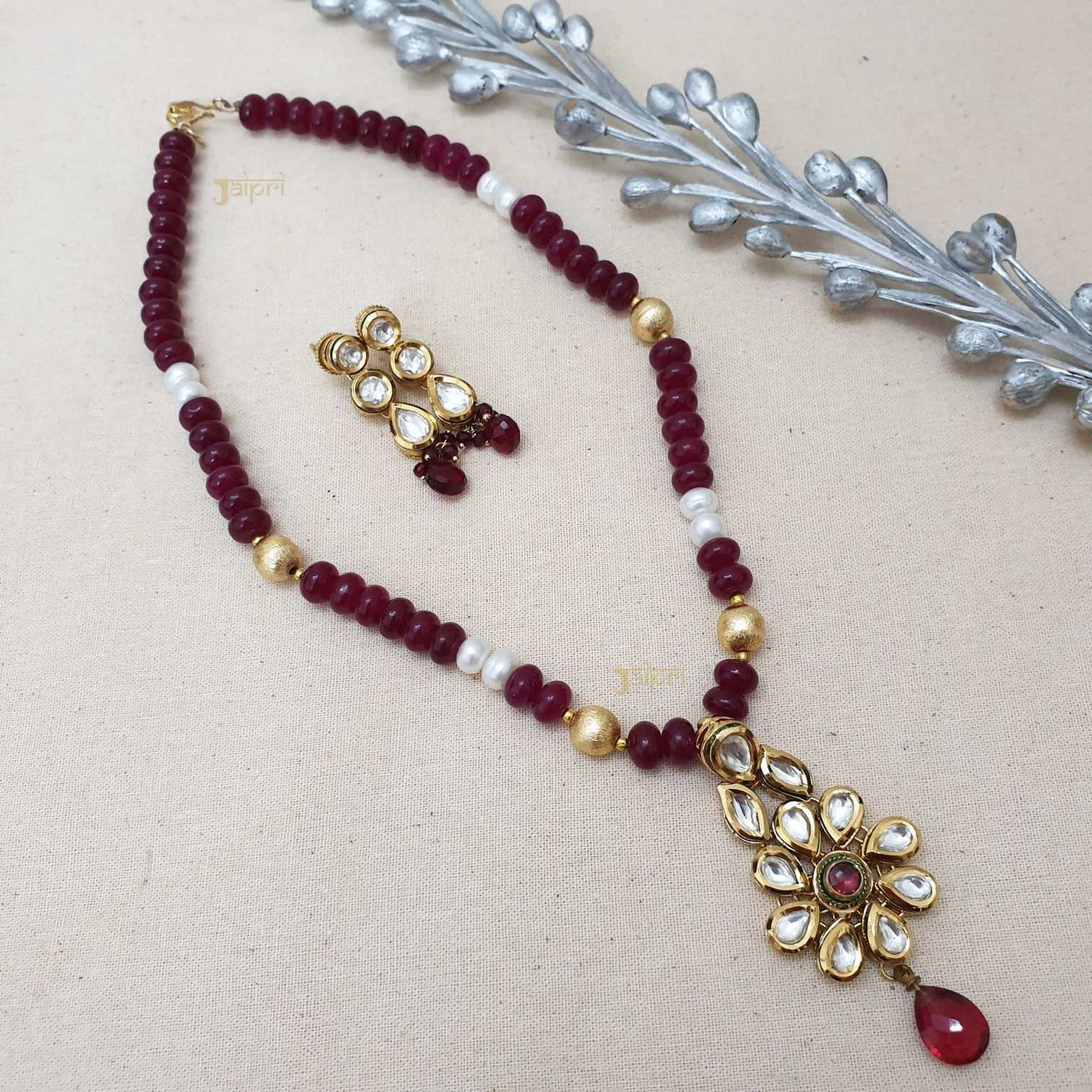 Floral Beautiful Ruby Stone Kundan Gold Pendant With Earrings