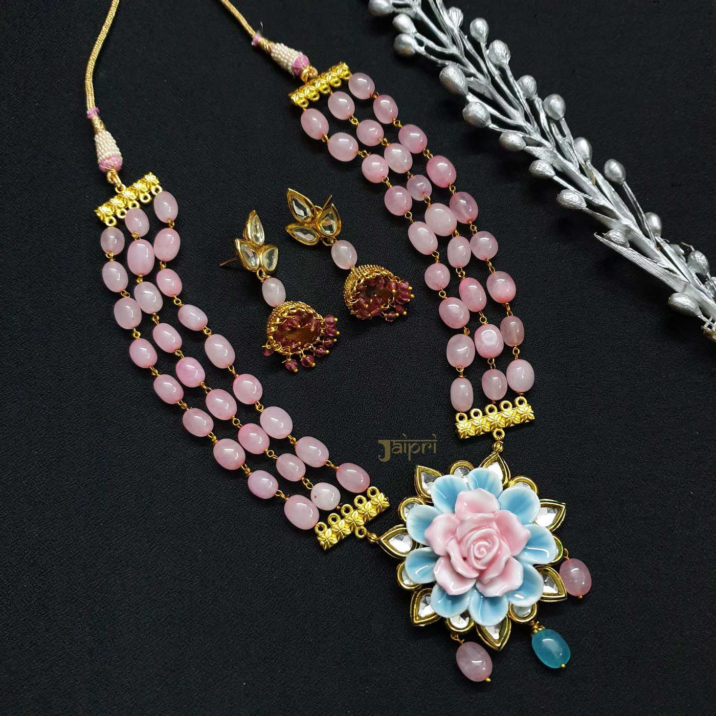 Rose Quartz Stone Floral Fusion Pendant With Earrings
