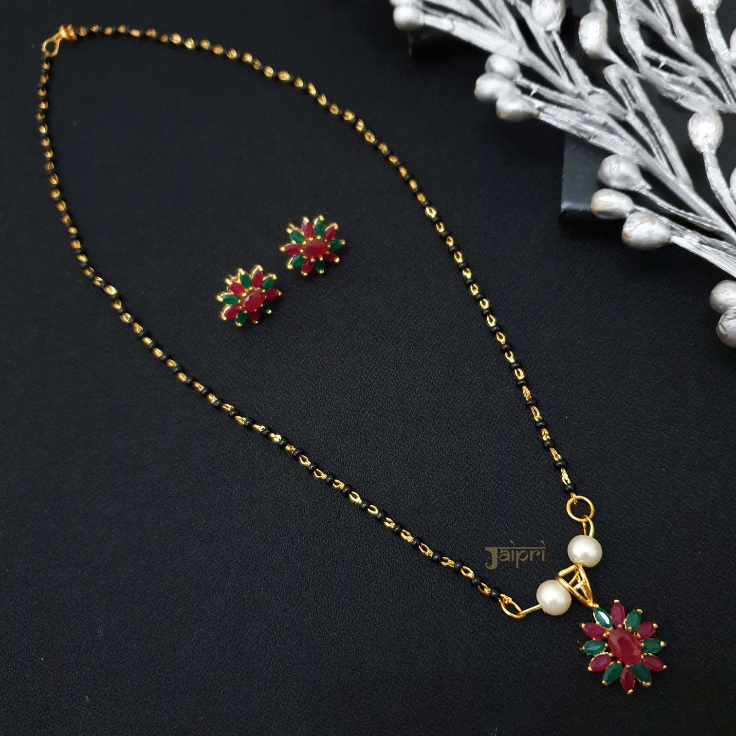 Ruby & Pearl Stone Floral Mangalsutra With Earrings