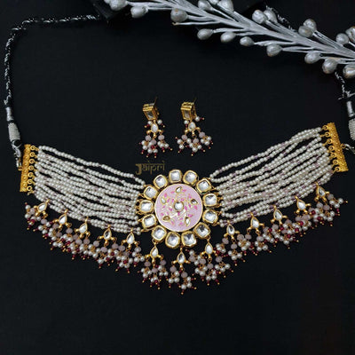 Floral Pink Meenakari Floral Choker With Earrings