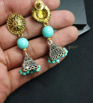 Floral Dual Tone, Turquoise Stone Jhumki Earrings
