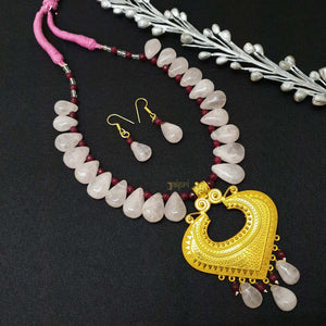 White Beads Stone Gold Beautiful Pendant With Earrings