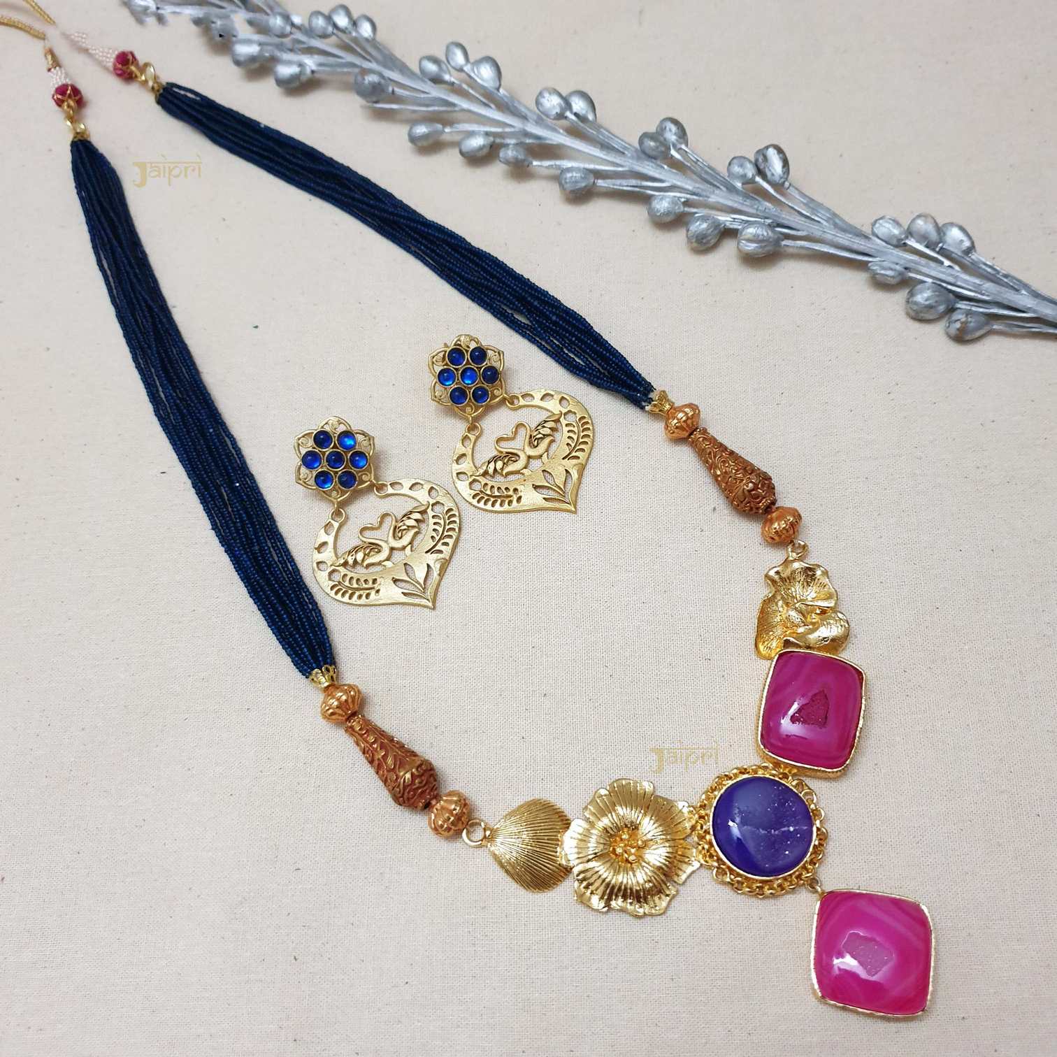 Pink & Lapis Stone Fusion Gold Pendant With Earrings